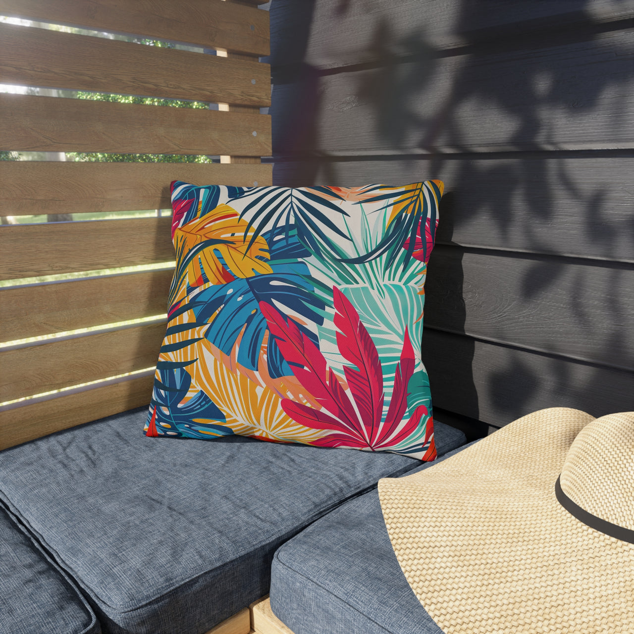 Colorful leaf-patterned pillow on a gray cushion with a straw hat nearby.