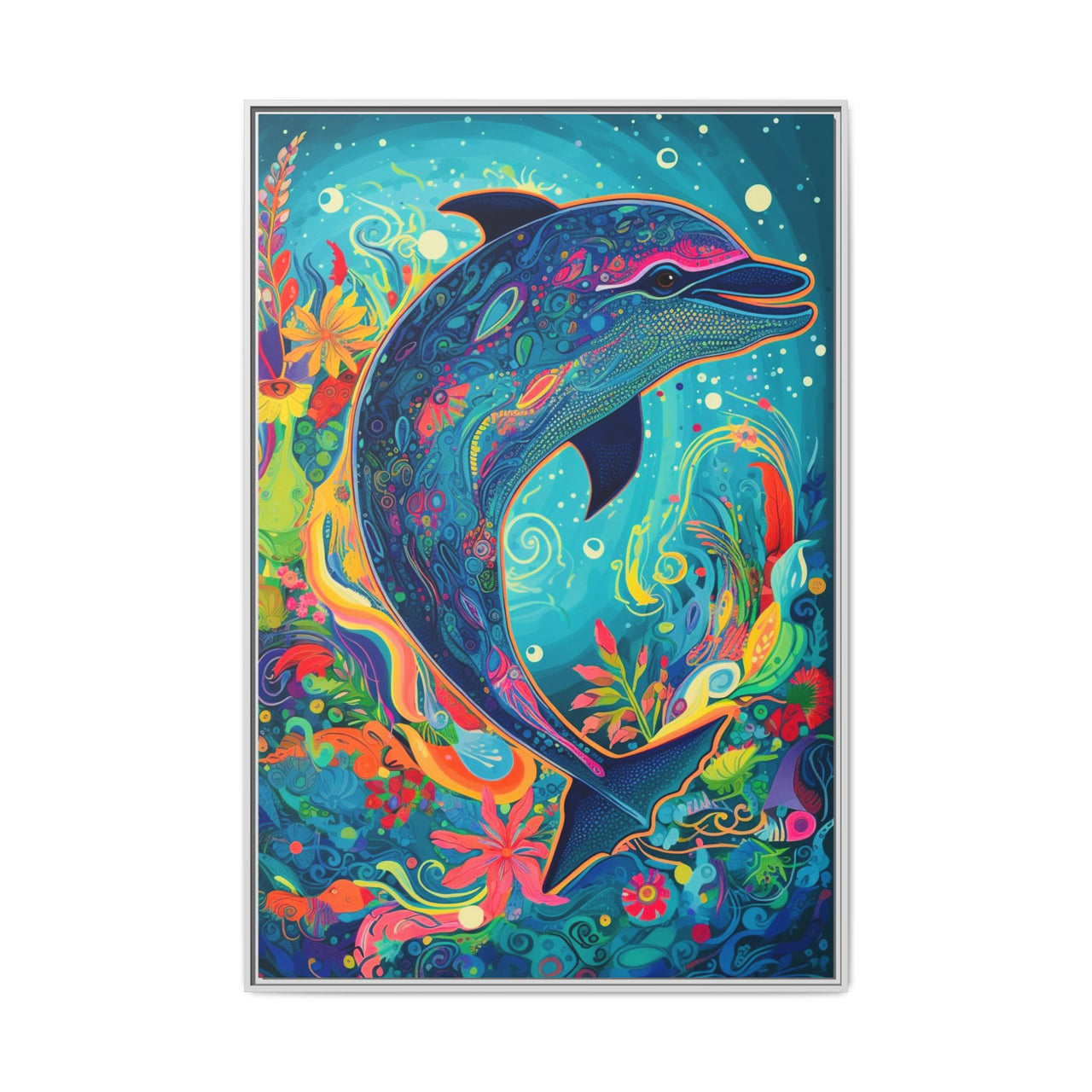 Ocean Bloom Dolphin Canvas Wall Art with Frame