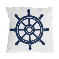 Thumbnail for Pillow with a navy blue ship's wheel design on a white background