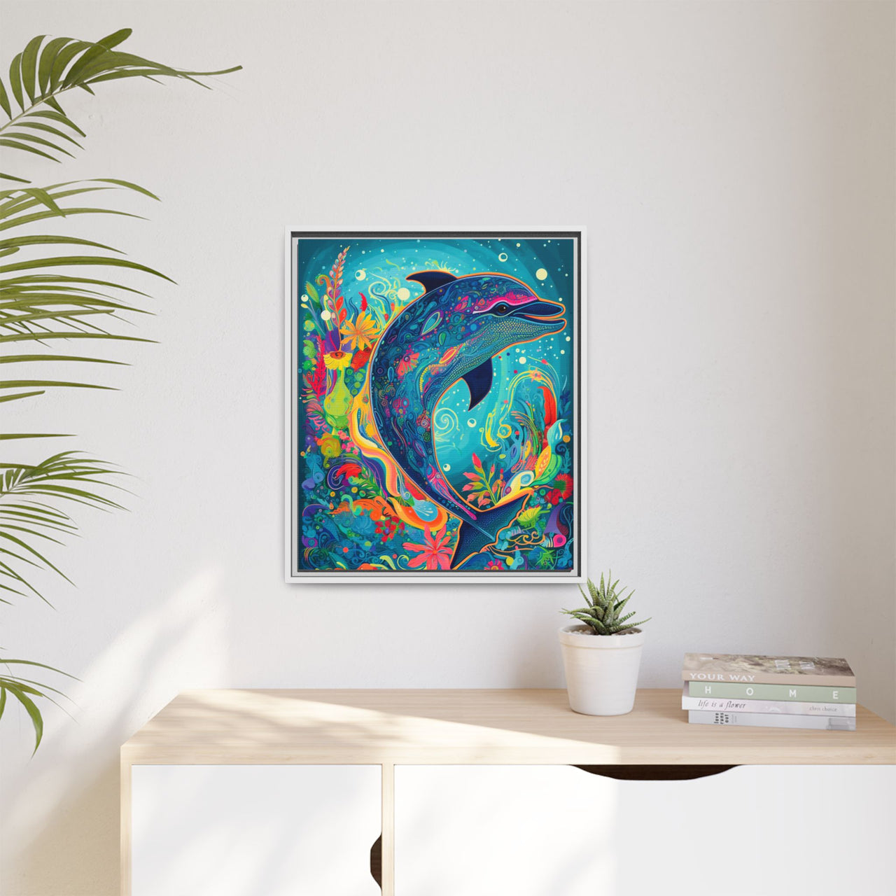 Ocean Bloom Dolphin Canvas Wall Art with Frame