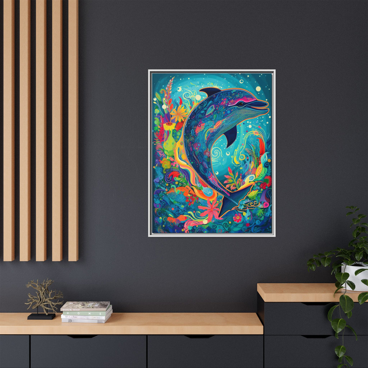 Ocean Bloom Dolphin Canvas Wall Art with Frame