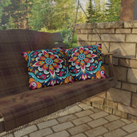 Thumbnail for Wooden swing with colorful patterned cushions on a stone patio