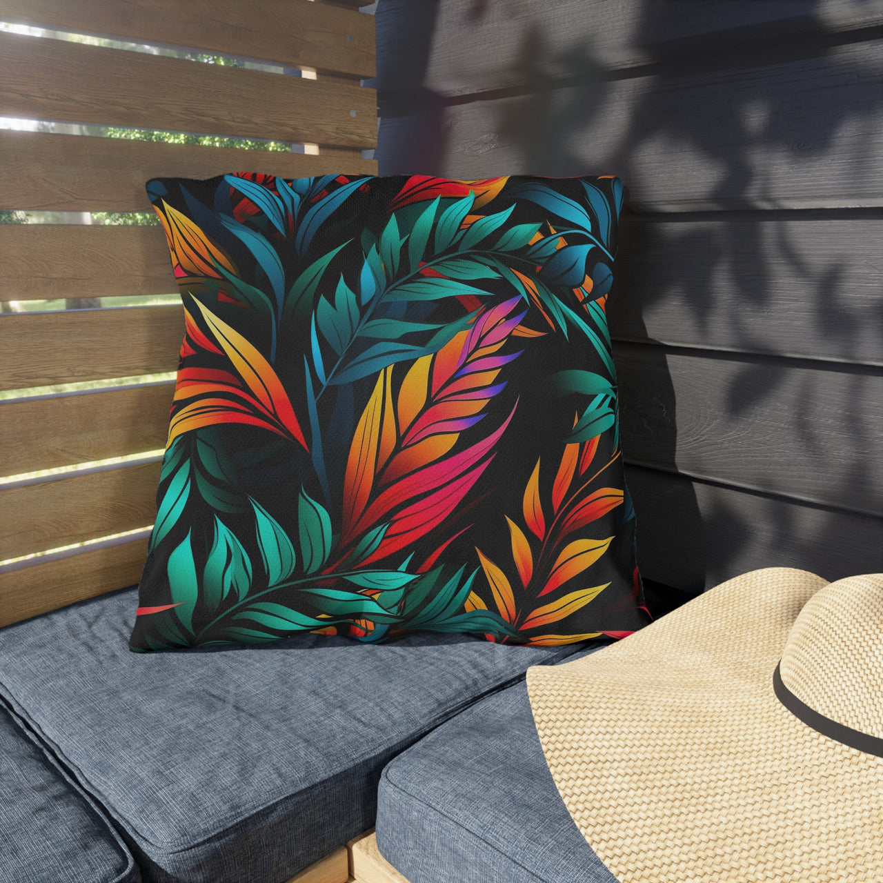 Colorful leaf-patterned pillow on a bench with a straw hat nearby.