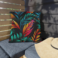 Thumbnail for Colorful leaf-patterned pillow on a bench with a straw hat nearby.