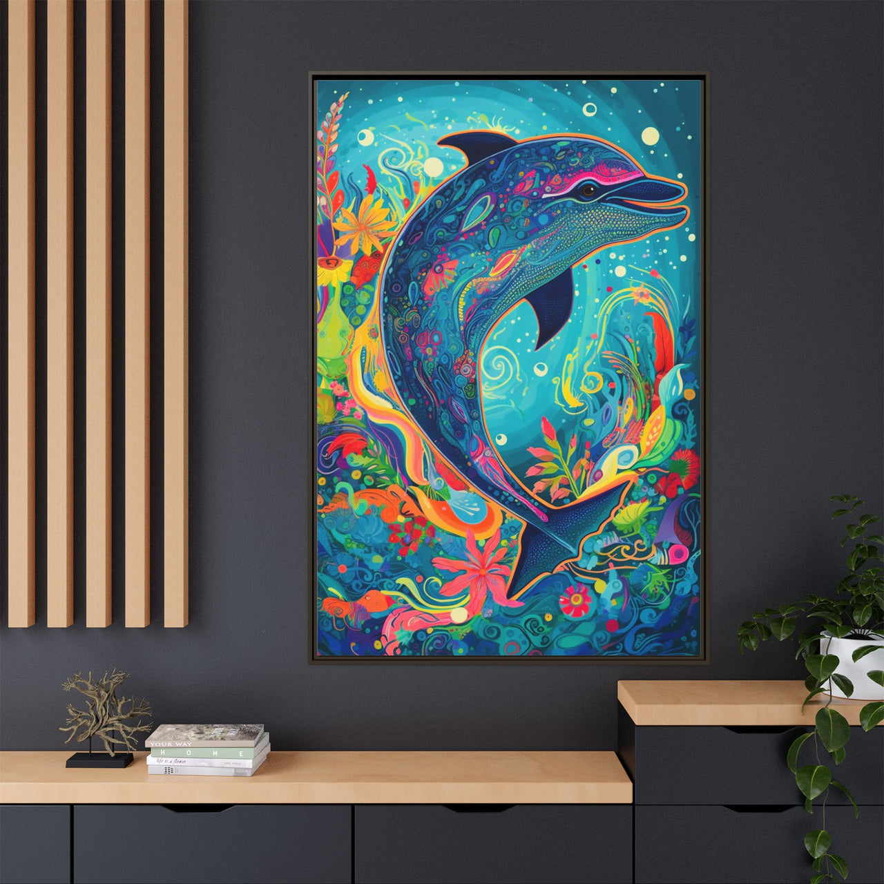 Ocean Bloom Dolphin Canvas Wall Art with Frame