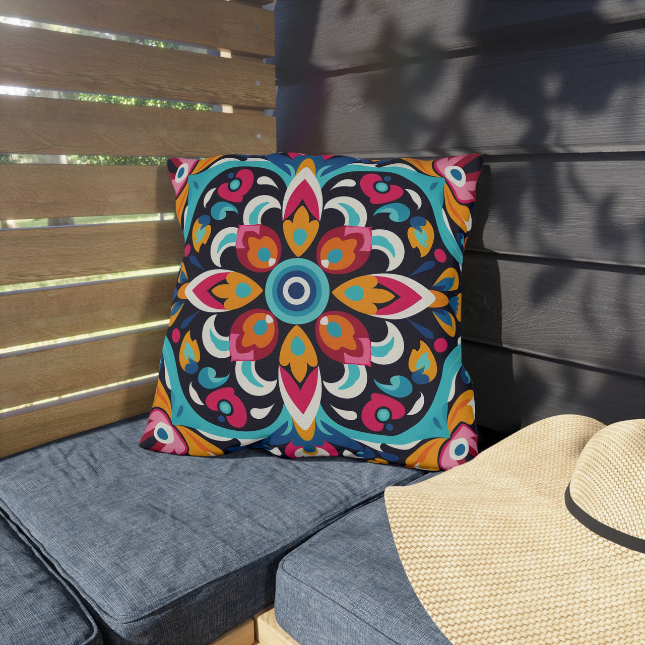 Colorful patterned pillow on a gray cushion next to a wooden bench and straw hat.