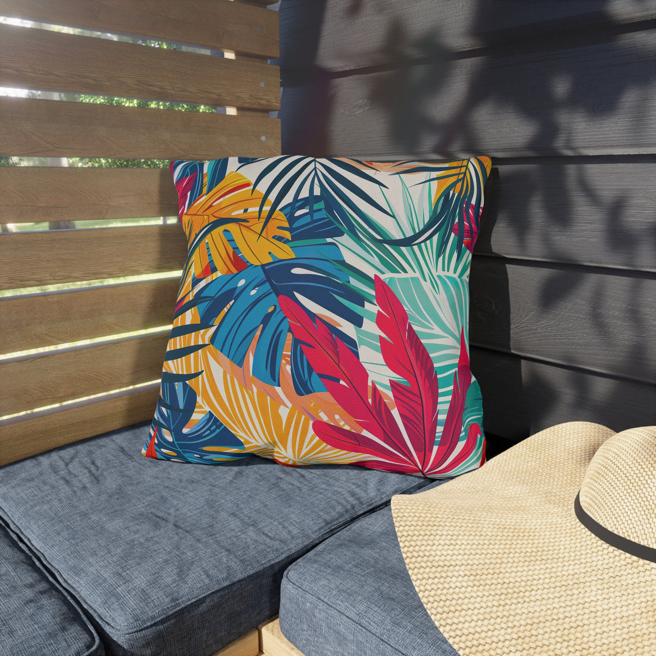 Colorful leaf-patterned pillow on a gray cushion next to a straw hat against a wooden and gray wall.