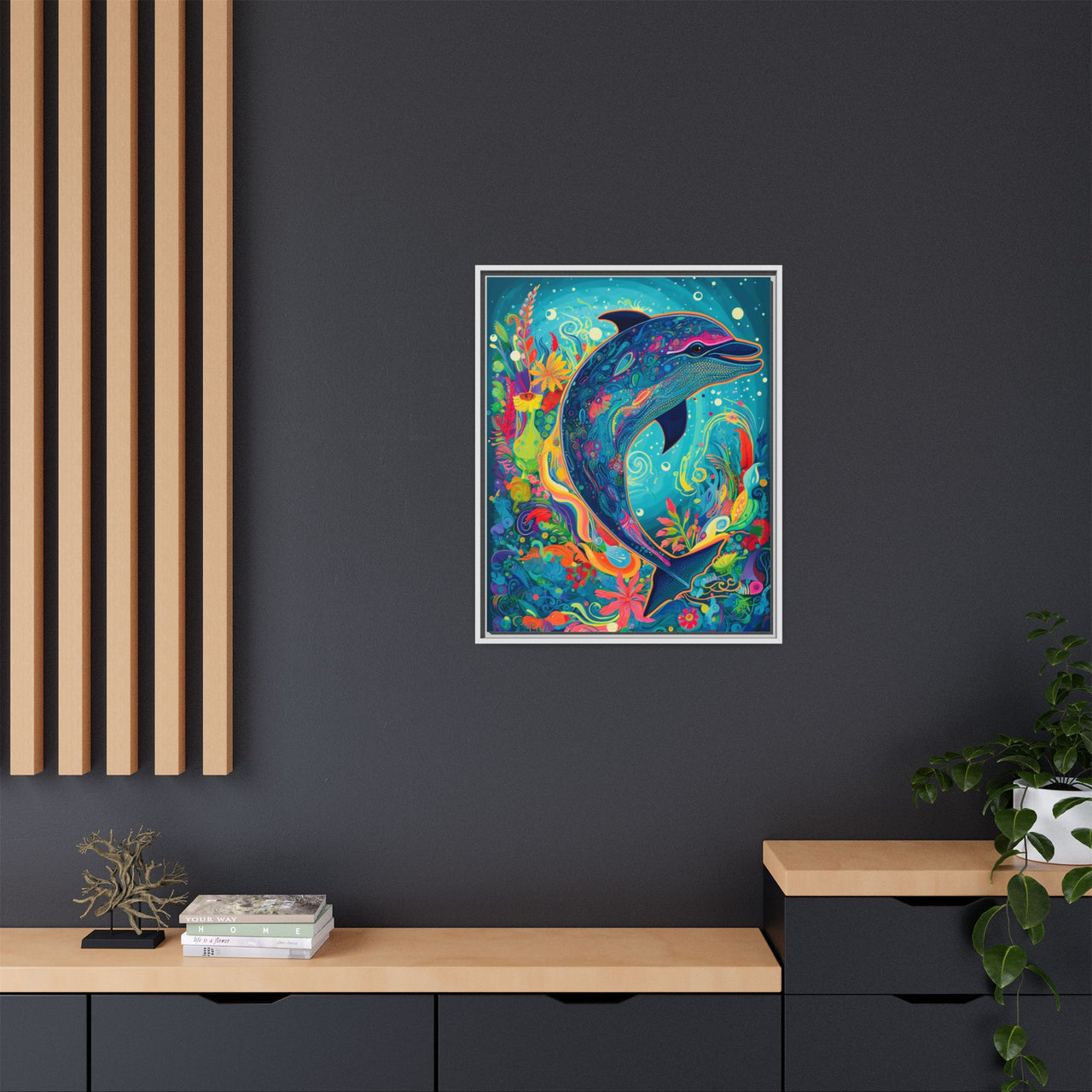 Ocean Bloom Dolphin Canvas Wall Art with Frame
