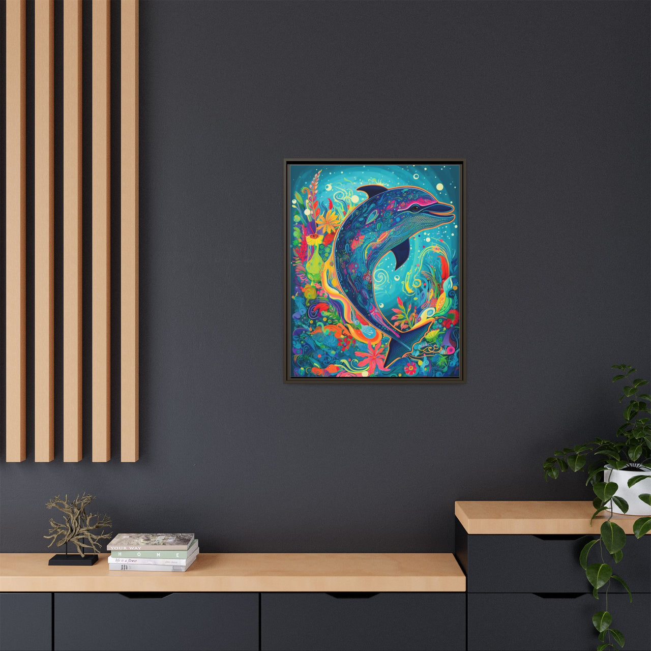 Ocean Bloom Dolphin Canvas Wall Art with Frame
