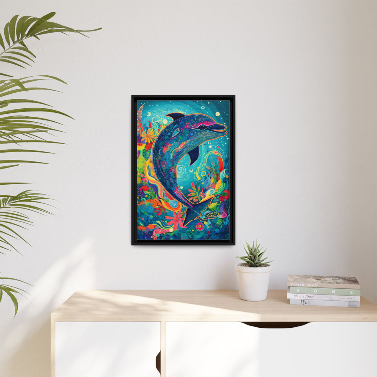 Ocean Bloom Dolphin Canvas Wall Art with Frame