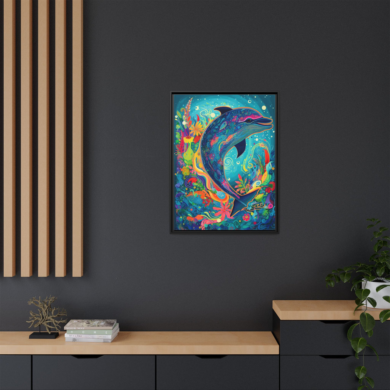 Ocean Bloom Dolphin Canvas Wall Art with Frame