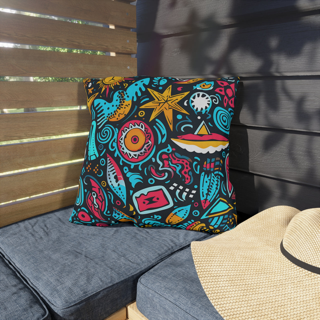 Beach Graffiti Blues Outdoor Throw Pillow