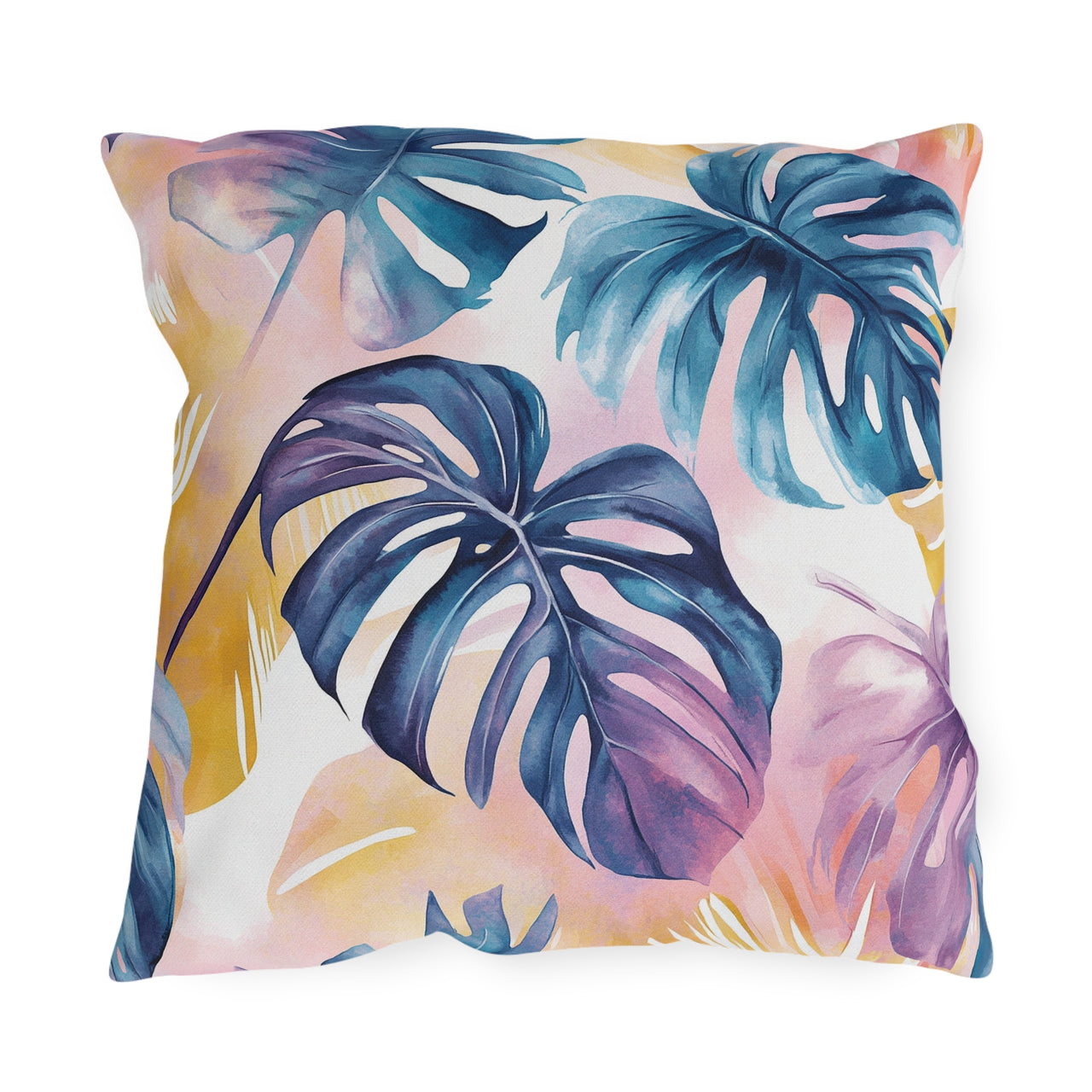 Decorative pillow with tropical leaf pattern on a white background