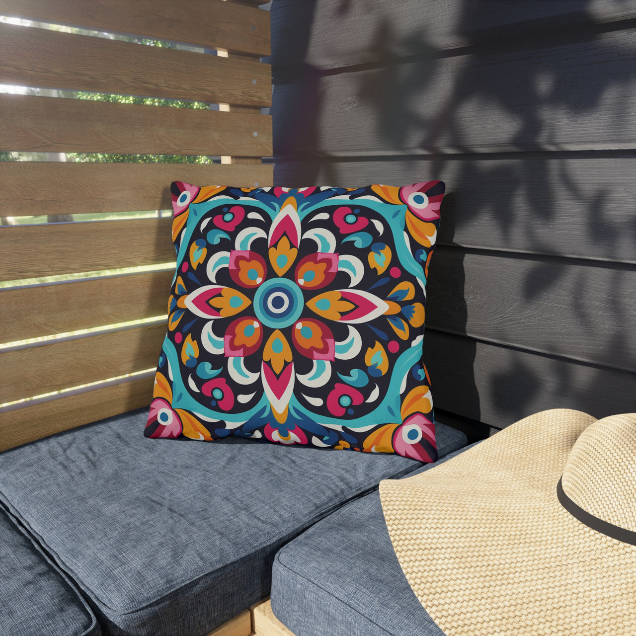 Colorful patterned pillow on a gray cushion next to a wooden bench and straw hat.
