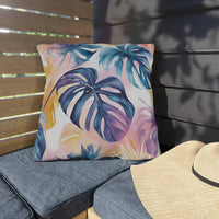 Thumbnail for Decorative pillow with tropical leaf pattern on a bench outdoors