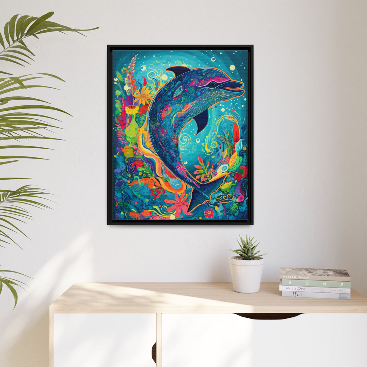 Ocean Bloom Dolphin Canvas Wall Art with Frame