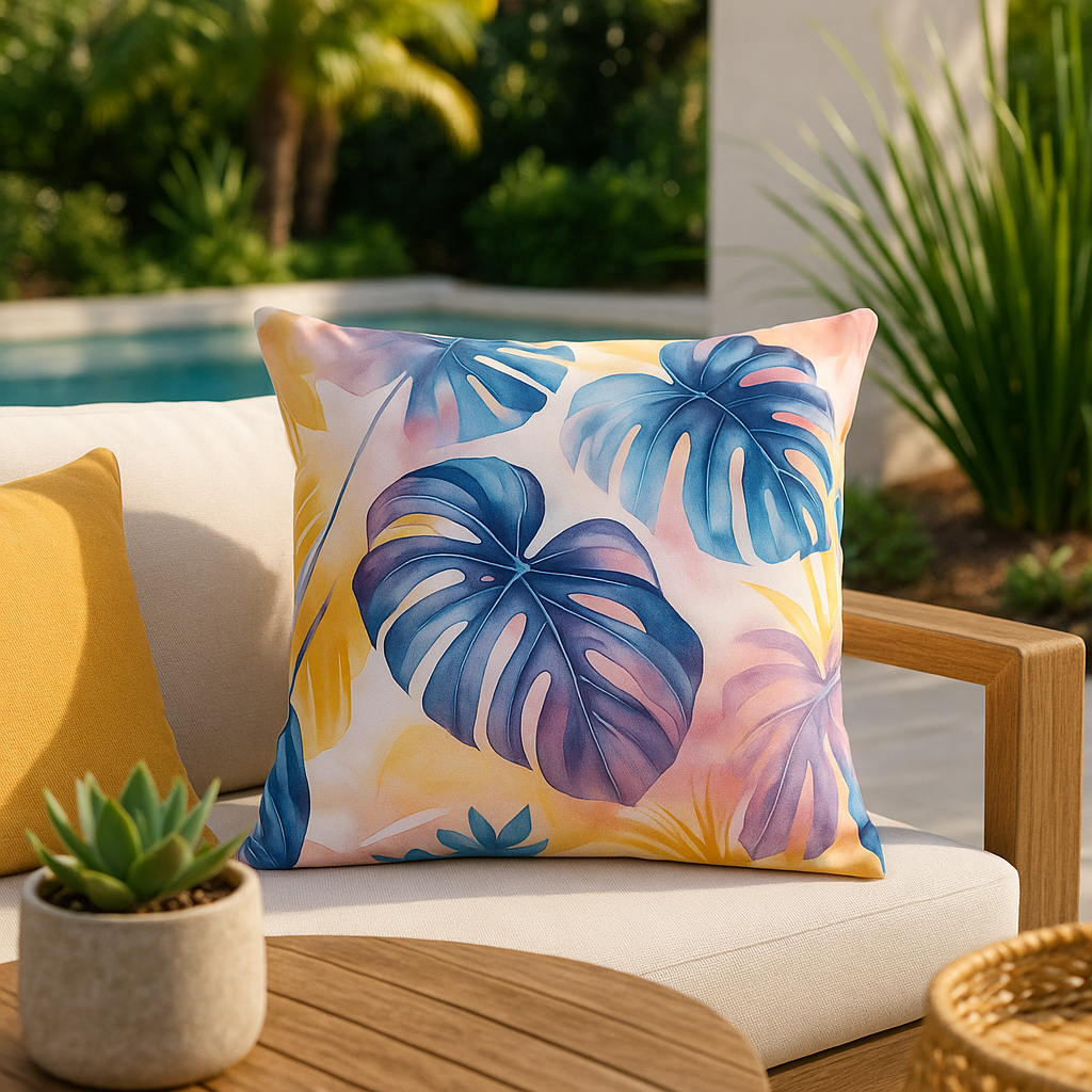Decorative pillow with tropical leaf pattern on a patio chair with a pool and plants in the background.