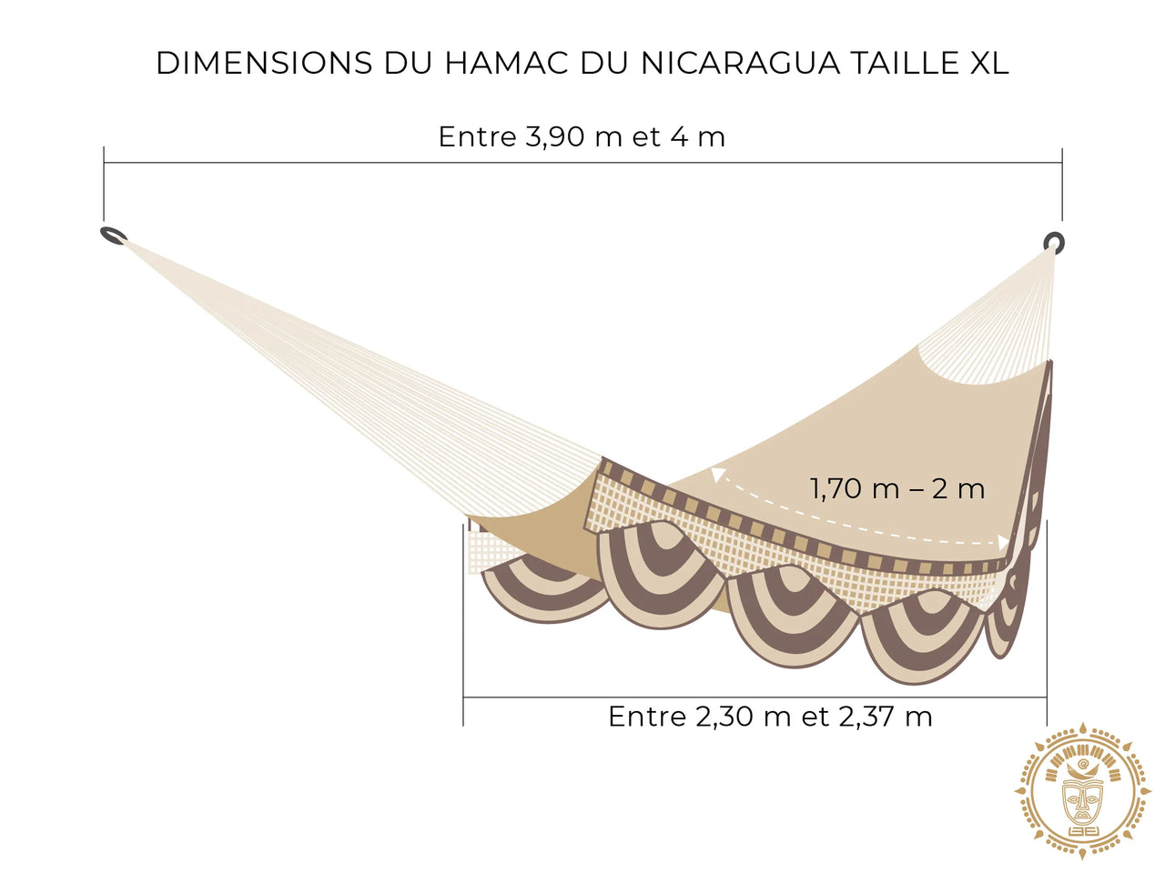Dessin d'un hamac du Nicaragua fait main XL avec mesures détaillées