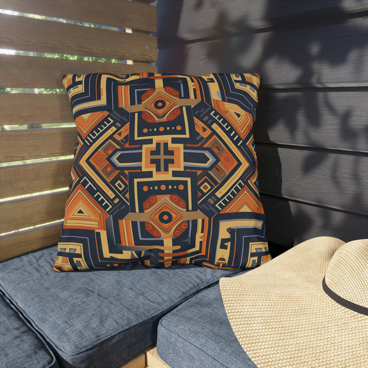 Decorative pillow with geometric pattern on a cushioned chair outdoors.